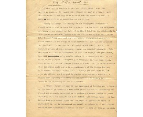 MANN THOMAS: (1875-1955) German novelist, Nobel Prize winner for Literature, 1929. An important typescript MS, Thomas Mann, s