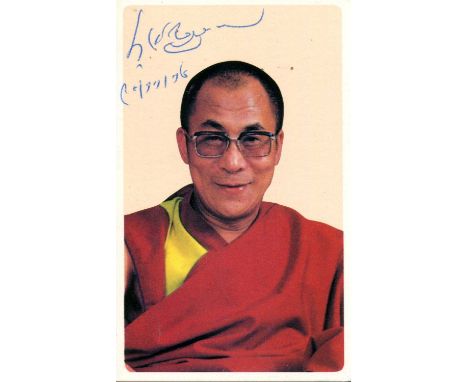 DALAI LAMA: (1935- ) Tibetan spiritual leader, Nobel Peace Prize winner, 1989. Signed colour 2.5 x 4.5 photograph of the Dala