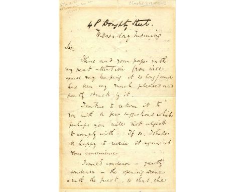 DICKENS CHARLES: (1812-1870) English novelist. An interesting, early A.L.S., Charles Dickens (a good example with paraph), fo