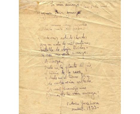 GARCIA LORCA FEDERICO: (1898-1936) Spanish Poet & Dramatist. An iconic figure of the Spanish literature. An extremely rare an