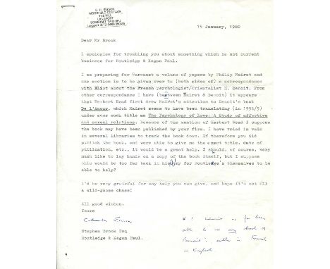 SISSON C. H.: (1914-2003) British writer, poet and translator. T.L.S., Charles Sisson, one page, 4to, Langport, Somerset, 15t