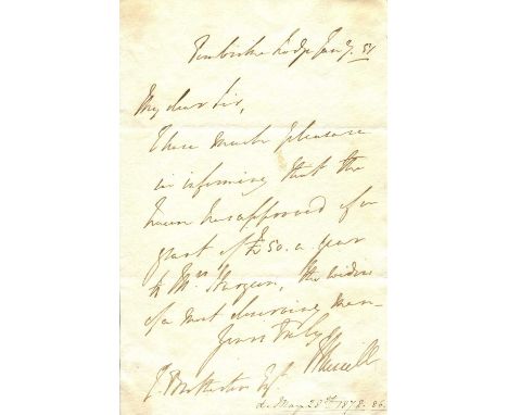 RUSSELL LORD JOHN: (1792-1878) British Prime Minister 1846-52, 1865-66. A.L.S., J Russell, one page, 8vo, Pembroke Lodge (Ric