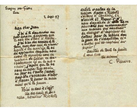 PISSARRO CAMILLE: (1830-1903) French Impressionist painter. A.L.S., C. Pissarro, two pages (written to the first and fourth s