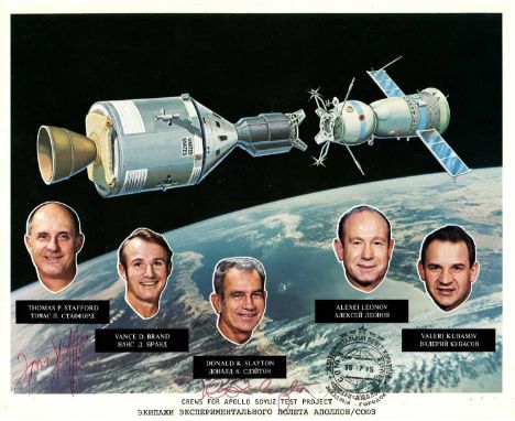 APOLLO-SOYUZ: An official NASA colour 10 x 8 photograph issued in 1974 to announce the planned Apollo Soyuz Test Project, the