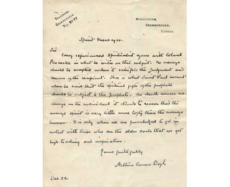 DOYLE ARTHUR CONAN: (1859-1930) Scottish author, creator of Sherlock Holmes. An interesting A.L.S., Arthur Conan Dayle, one p