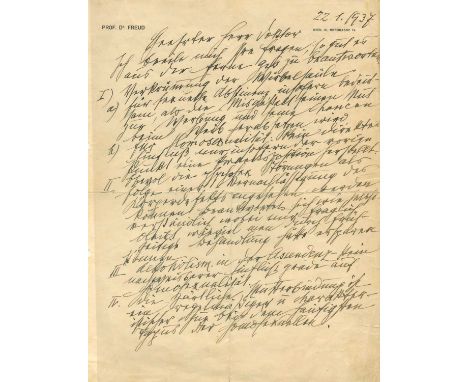 FREUD SIGMUND: (1856-1939) Austrian neurologist, the founder of psychoanalysis. An exceptional A.L.S., Freud, two pages, larg