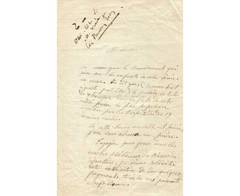 [HUGO VICTOR]: (1802-1885) French Poet and Novelist. A.N. in the hand of Hugo to the heading of the front page of a letter ad
