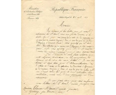 [MONET CLAUDE]: (1840-1926) French Impressionist Painter. A very interesting content letter sent to Monet by Gustave Larroume