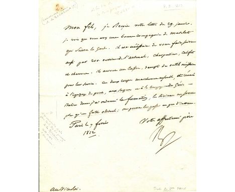 NAPOLEON I: (1769-1821) Emperor of the French 1804-14, 1815. An excellent content and very fine Letter Signed `Nap´, one page