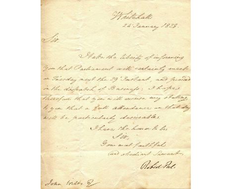 PEEL ROBERT: (1788-1850) British Prime Minister 1834-35 & 1841-46. L.S., Robert Peel, one page, 4to, Whitehall, 24th January 