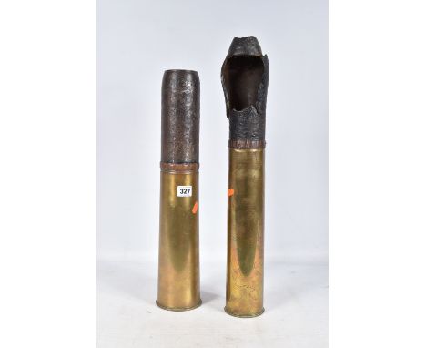 TWO 18 POUNDER SHELL CASES, the first has a series of numbers and letters on the base to include L252 &amp; 43, the top is mi