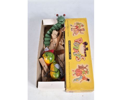 A BOXED PELHAM PUPPET CATERPILLAR AND PELHAM PUPPET PARROT, Caterpillar is earlier non fluffy wooden, both appear complete an
