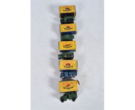 FIVE BOXED LESNEY MATCHBOX SERIES MODEL DIE-CAST MILITARY VEHICLES, the first a Moko Lesney Army Half Track MK.III no. 49, tr