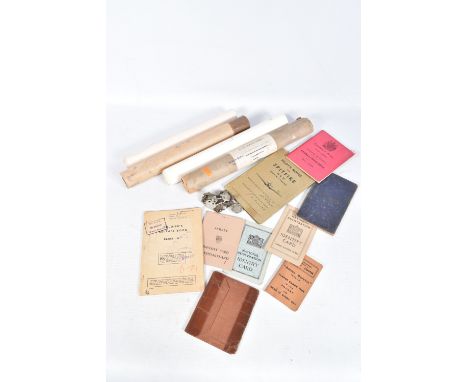 VARIOUS MILITARY RELATED PASSBOOKS, ID cards, certificates, a WWII Loyal service badge and some rank pips for a uniform, the 