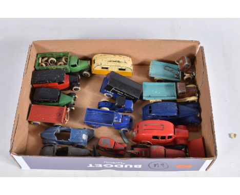 A QUANTITY OF PRE WAR AND EARLY POSTWAR DINKY TOYS VEHICLES, all in playworn condition, many are suffering from metal fatigue