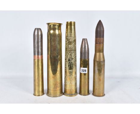 FIVE PIECES OF TRENCH ART, to include three 2 pounder shells and two vases, the shells are dated 1936, 1942 and 1943, the vas