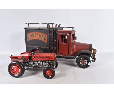 A LARGE SCALE MODERN WOODEN AND METAL MODEL OF A 1930'S STYLE DELIVERY VAN, length approx.60cm, with a modern pressed tin mod