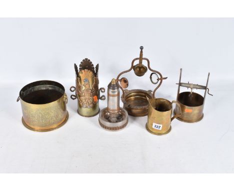 SIX VARIOUS INTERESTING PIECES OF TRENCH ART, these include a 1938 dated wishing well and bucket, the well has a handle to lo