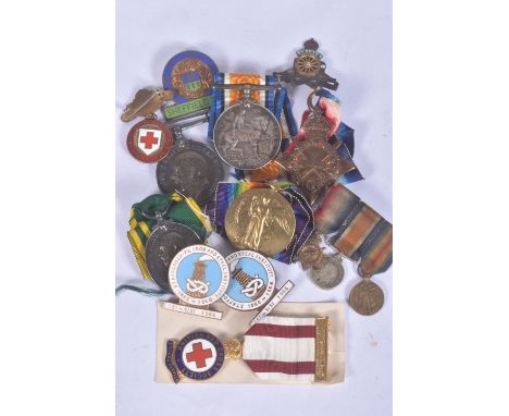 A WWI 1914-1915 TRIO OF MEDALS AND TERRITORIAL EFFIENCY MEDAL, BRITISH WAR MEDAL, Red Cross medals, badges and a miniature WW