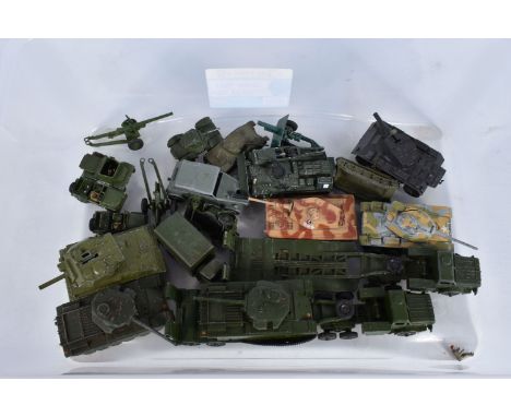 A COLLECTION OF UNBOXED PLAYWORN DIE-CAST DINKY AND CORGI MILITARY VEHICLES, to include a Dinky two Centurian tanks 651, Alvi