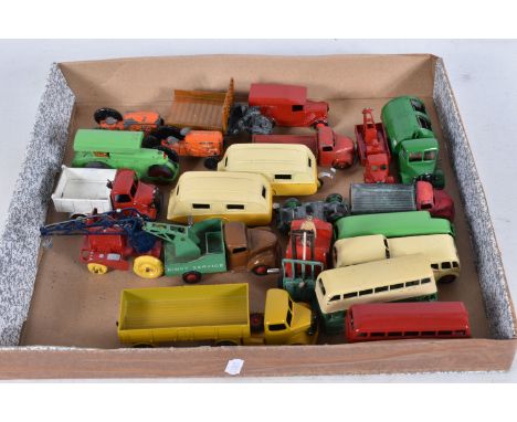 A TRAY OF UNBOXED AND PLAYWORN DIE-CAST DINKY MODEL VEHICLES, contains a number of repainted items, models to include an Aust