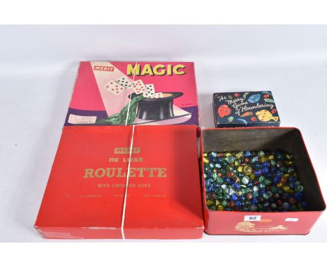 A BOXED J &amp; L RANDALL MERIT DE LUXE ROULETTE SET, with a boxed Merit Magic set, boxed Spears The Merry Game of Flounderin