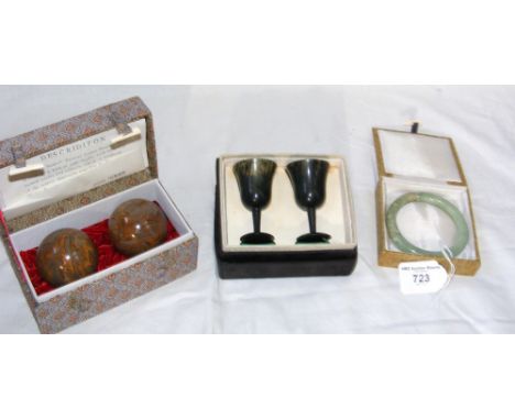 A jade bangle, jade miniature glasses, an oriental painting - signed, etc.