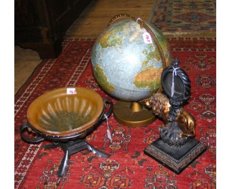 A Danish globe on stand, together with two other ornaments