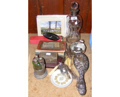 Silver top decanter, dressing table brushes, collectables