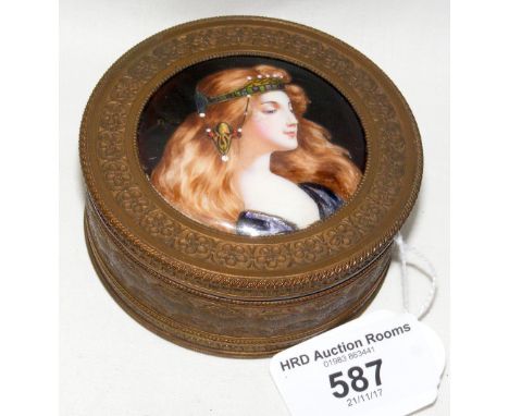 An Art Nouveau circular trinket box with signed enamel portrait panel to the centre - 9cm diameter