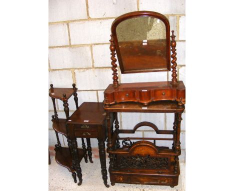 A Victorian inlaid walnut canterbury for restoration, worktable, toilet mirror and whatnot
