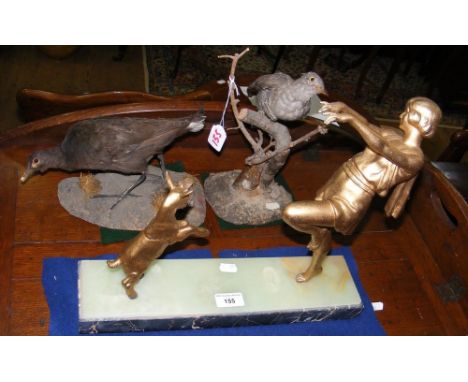 French Art Deco figure of dancing girl and goat, together with two stuffed and mounted birds