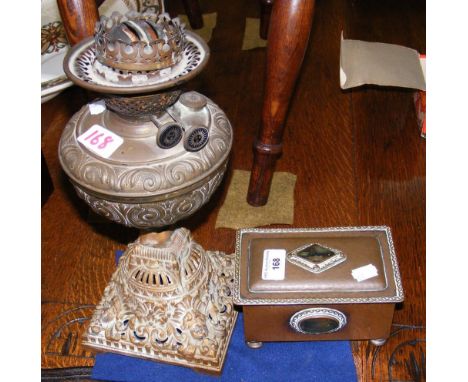 Old oil lamp, together with a decorative copper casket