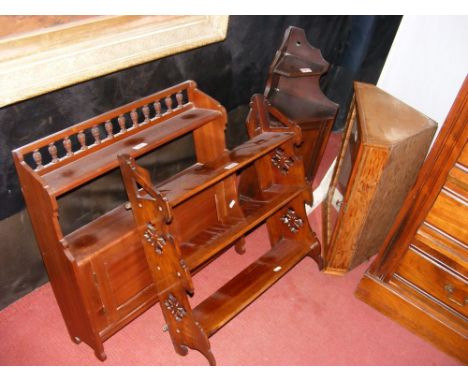 An antique hanging wall cupboard, wall shelf, together with two corner units (upstairs)