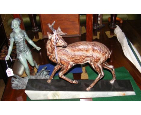 Art Deco metal and onyx Stag ornament, together with one other of skipping girl