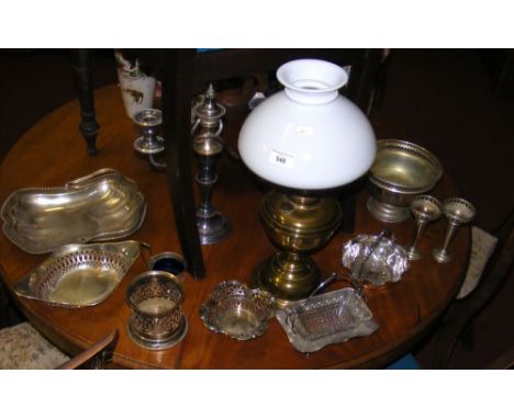 Silver plated candelabra, oil lamp, etc. (upstairs)