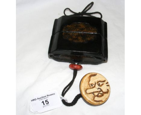 Japanese inro - the two case having shagreen panel inlay and ivory kagamibutta netsuke