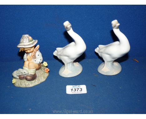 Two Lladro geese and a modern Goebel figure 'Natures Prayer'.