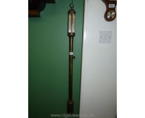 An unusual long Brass stick Barometer on a gimball by ''JJBLM, 16-22 R N Daterro, Lisbon'', 38'' long approx.