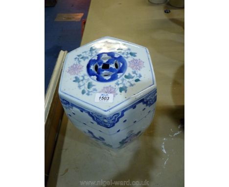 A large oriental hexagonal shape ceramic Stool, 14 1/2 high.