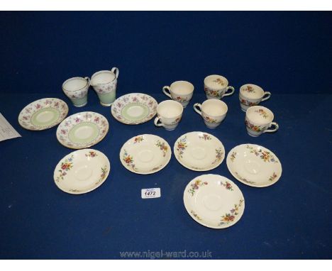 A china coffee set with six cups and five saucers, Springfield pattern and Grafton china saucers, cup and jug.