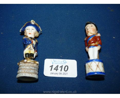 A highly unusual pair of miniature caricature figurines of Wellington and Nelson, possibly Derby, possibly chess pieces, mark