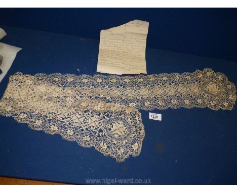 An antique Maltese lace scarf, 47'' long and 6'' wide together with a handwritten letter giving it as a gift from a friend, s