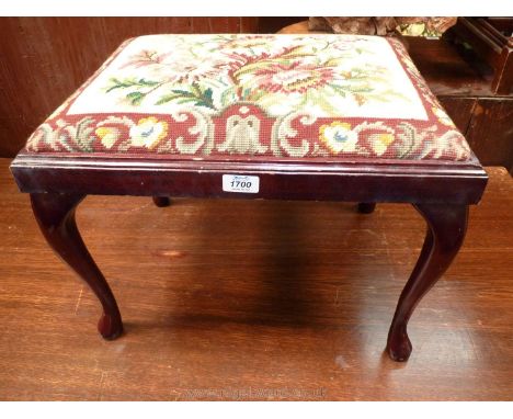 A dark Mahogany framed Dressing Stool having a nicely worked tapestry drop-in seat decorated with flowers including Chrysanth