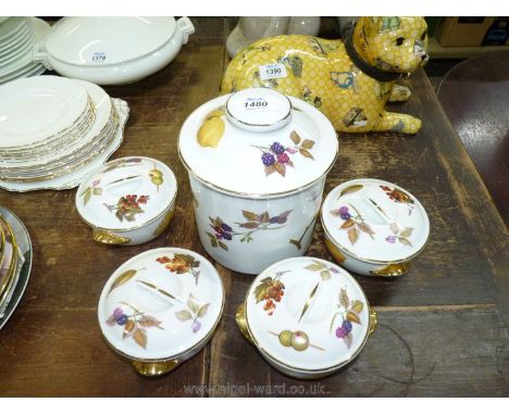 A Royal Worcester Evesham china biscuit barrel with lid and four lidded soup tureens.