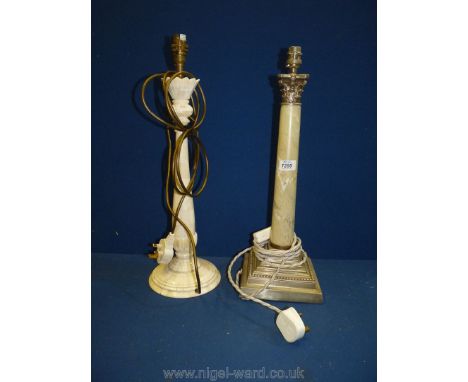 An EPNS marble column table lamp with base and top, very heavy, good condition, 21" tall plus one other white resin lamp with