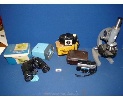 A microscope, model L-101 with no glass slides or case with a Boots 4000 TL Viewer (boxed), a Kodak Instamatic X-15 and a Kod