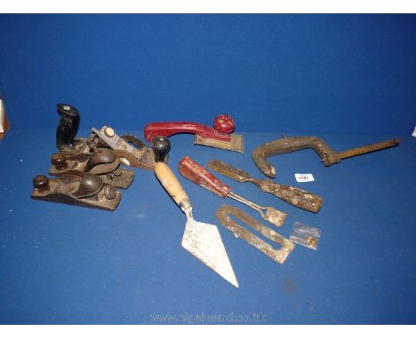 A box of old tools, including panes:Record no.0220, Stanley no.120 and RB10 etc