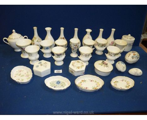 A box of mixed Wedgwood china posy vases, small urns, trinket boxes, egg shaped lidded pots etc.