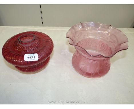 A cranberry glass oil lamp reservoir, plus an acid etched cranberry glass oil lamp shade a/f (chip to bottom rim).